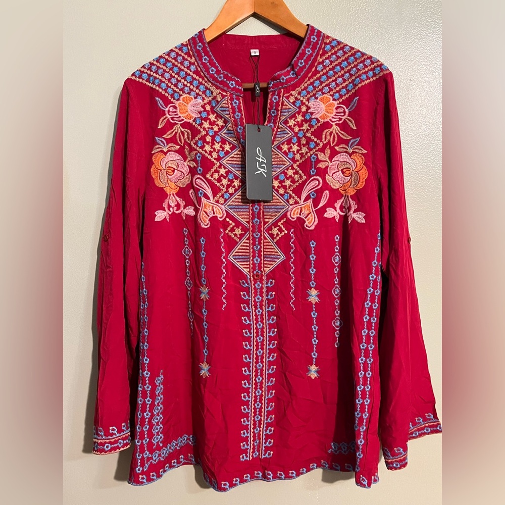 AK Red and Blue Embroidered All Over Top Long Sleeves Rayon S  Boho Festive NWT